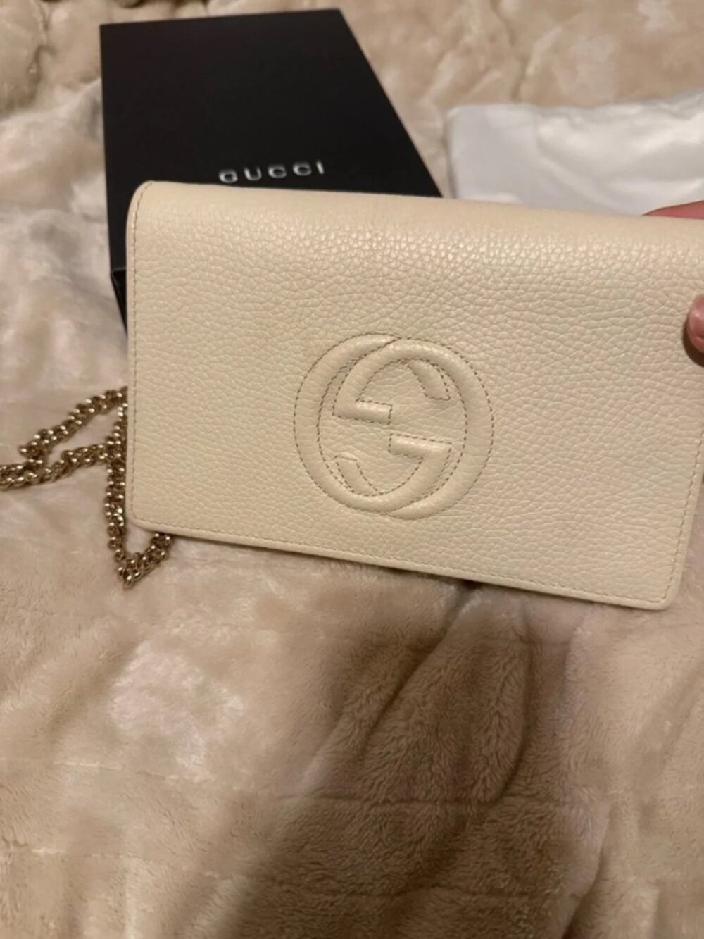 NWT Gucci Soho Wallet on Chain Pebbled Calfskin Leather Ivory - Picture 5 of 8
